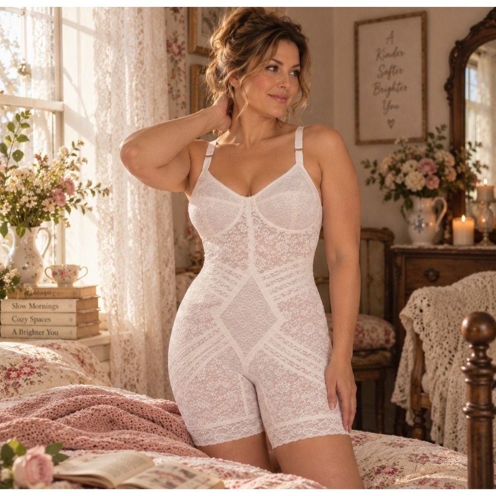 Rago Body Briefer 42D White Lace Full Body Shapewear Pin-up Bombshell